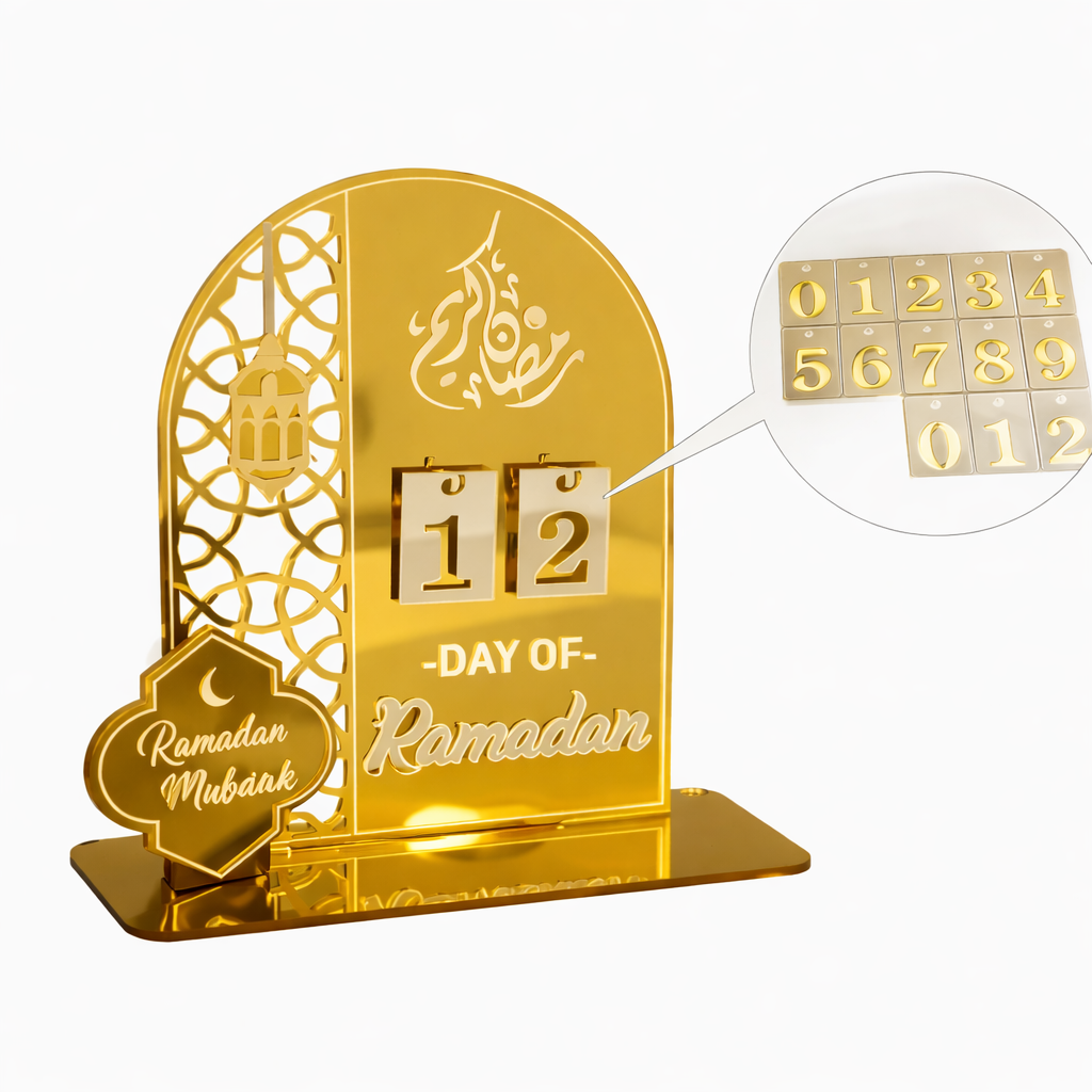 Calendrier Compte à Rebours Ramadan en Acrylique Doré – Décoration Islamique Luxe